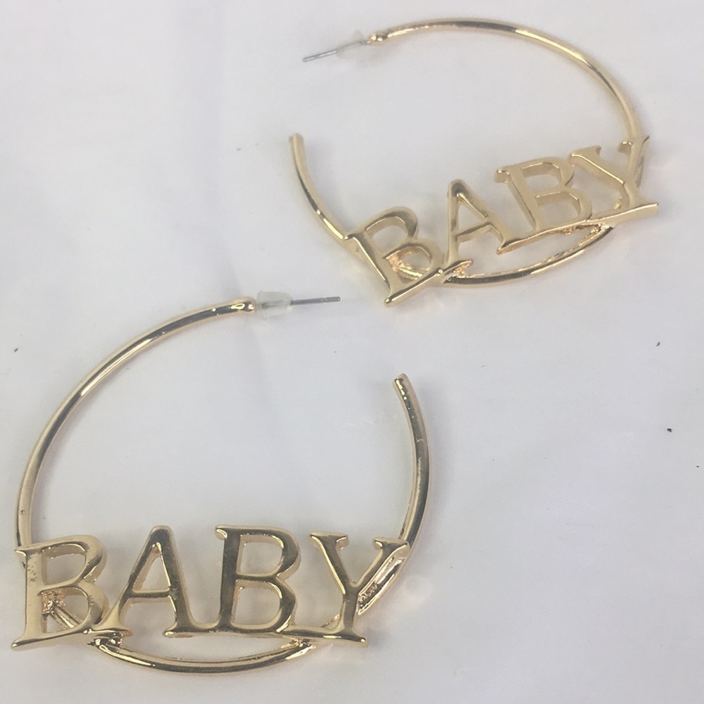 BABY spellout gold tone hoop earring 90's hiphop vibe retro